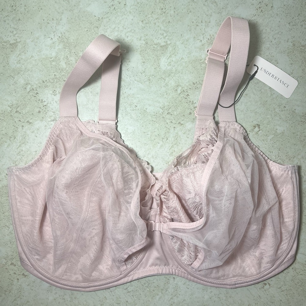 UNDERSTANCE Fay Crossover Powder Pink Minimizer Bra 38L Luxury Mesh Lace NWT